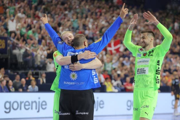 13.06.2026, xtgx, Handball, EHF Champions League Halbfinale, SC Magdeburg - Füchse Berlin v.l. Dejan Milosavljev (Berlin, 96) Jubelt ueber gehaltenen Ball, abgewehrt, gehalten, Torhueter Koeln