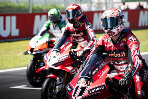 MOTORSPORTS - Superbike - Pirelli Emilia Romagna Round Photo by IPA ABACAPRESS.COM85646092 - Nicolo Bulega (ITA), winner of Race 1 of the Superbike World Championship, WM, Weltmeisterschaft at the start of the race alongside Iker Lecuona (ESP) – SUPERBIKE Pirelli Emilia Romagna Round. At the Misano World Circuit Marco Simoncelli in Misano Adriatico, RN, Italy. On June 13, 2026. Italy Italy  Copyright: xIPAxSport ABACAx