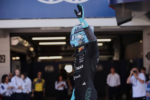 F1 - BARCELONA-CATALUNYA GRAND PRIX 2026 RUSSELL George (gbr), Mercedes AMG F1 Team W17, portrait celebrate his pole position during the Formula 1 Barcelona-Catalunya Grand Prix 2026, 7th round of the 2026 Formula One World Championship, WM, Weltmeisterschaft from June 12 to 14, 2026 on the Circuit de Barcelona-Catalunya, in Montmelo, Spain - MontmeloSpain  Copyright: xDPPIx