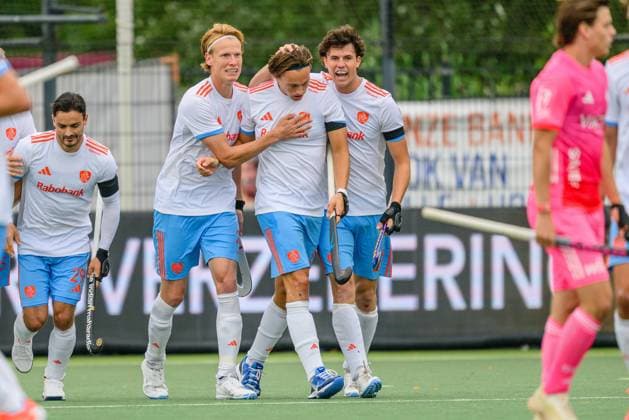 ROTTERDAM, 13-06-2026, HC Rotterdam, FIH Hockey Pro League Men, Season 2025-2026. Joep de Mol, Duco Telgenkamp and Miles Bukkens celebrating the goal scored during the game Netherlands - Germany (1st match). Netherlands - Germany (1st match)  x204332691x Copyright: