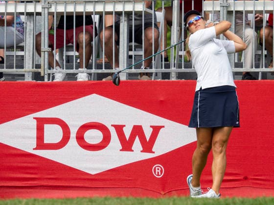 MIDLAND, MI - JUNE 13: Celine Herbin tee™s off the first hole during round three of the LPGA, Golf Damen Dow Championship on June 13, 2026, at Midland Country Club in Midland, Michigan. (Photo by Joseph Weiser Icon Sportswire) GOLF: JUN 13 LPGA Dow Championship EDITORIAL USE ONLY Icon2606130193