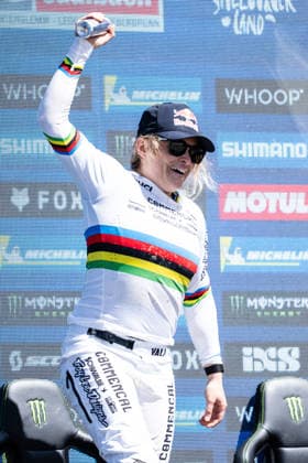 MOUNTAINBIKE - UCI MTB World Series LEOGANG,AUSTRIA,13.JUN.26 - CYCLING, MOUNTAIN BIKE - UCI Mountainbike World Cup, downhill. Image shows the rejoicing of Valentina Hoell (AUT).  GEPAxpictures xJulioxArellano
