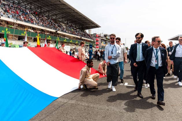 24 HEURES DU MANS 2026 - RACE - SATURDAY CAVENDISH Mark (gbr), Ex-professional cyclist and Starter of the 24 Hours of Le Mans 2026, portrait, FILLON Pierre (fra), President of ACO, portrait, BEN SULAYEM Mohammed (are), President of FIA, portrait during the 24 Hours of Le Mans 2026, 3rd round of the 2026 FIA World Endurance Championship, on June 13, 2026 on the Circuit des 24 Heures du Mans in Le Mans, France -  Copyright: xAndreaxLorenzinax