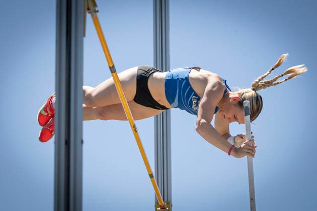 MANNHEIM, GERMANY - JUNE 13, 2026 : Paula Legner (GER LAZ Zweibruecken) competing in the women’s U20 pole vault during the Juniorengala 2026 at Michael-Hoffmann-Stadion on June 13, 2026 in Mannheim, Germany. Baden-Wuerttemberg Germany Copyright: xAxelxKohringx