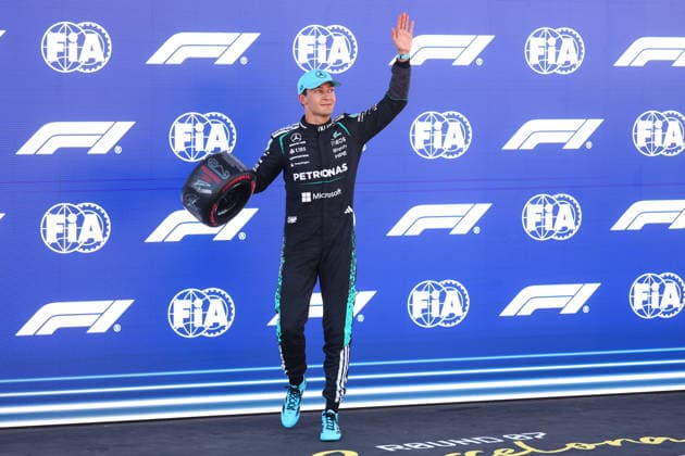 F1 Gran Prix of Catalunya George Russell of Mercedes-AMG F1 Team celebrates in parc ferme during qualifying for the F1 Grand Prix of Catalunya at Montemelo Circuit on June 13, 2026 in Montemelo, Spain. Barcelona Montemelo Spain Copyright: xMarcoxCanonierox