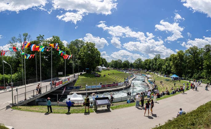Der Eiskanal Augsburg, Übersicht, Blick nach Süden, Panorama ICF Kanu Slalom Weltcup 2026 Eiskanal Augsburg