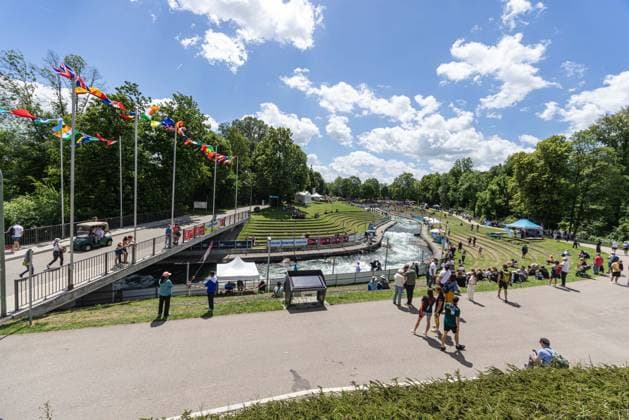 Der Eiskanal Augsburg, Übersicht, Blick nach Süden; ICF Kanu Slalom Weltcup 2026 Eiskanal Augsburg
