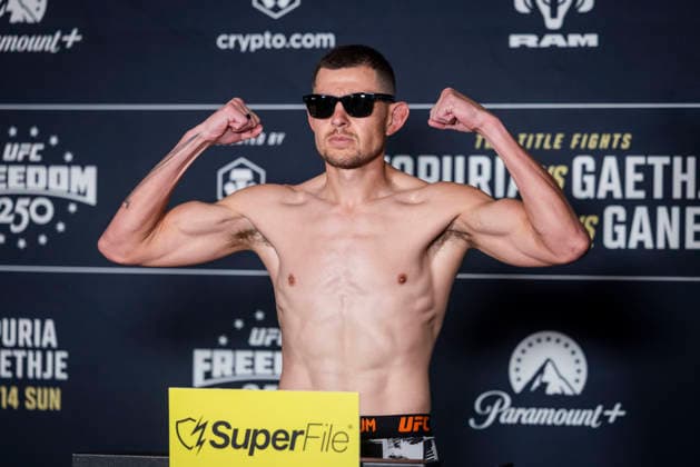 UFC Featherweight fighter Steve Garcia poses during the UFC Freedom 250 official weigh-ins in Washington, DC, on Saturday, June 13, 2026. The martial arts bouts are scheduled to take place on the South Lawn of the White House on June 14.  WAX20260613904 JIMxLOxSCALZO