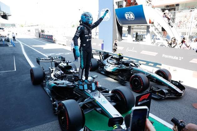 RUSSELL George (gbr), Mercedes AMG F1 Team W17, portrait during the Formula 1 Barcelona-Catalunya Grand Prix 2026, 7th round of the 2026 Formula One World Championship, WM, Weltmeisterschaft from June 12 to 14, 2026 on the Circuit de Barcelona-Catalunya, in Montmelo, Spain - Photo: Hoch Zwei Montmelo Spain