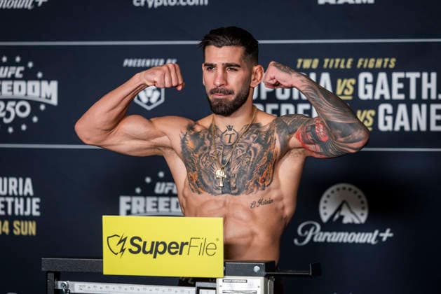 UFC Lightweight champion Ilia Topuria poses during the UFC Freedom 250 official weigh-ins in Washington, DC, on Saturday, June 13, 2026. The martial arts bouts are scheduled to take place on the South Lawn of the White House on June 14.  WAX20260613913 JIMxLOxSCALZO