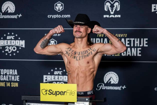 UFC Featherweight fighter Diego Lopes poses during the UFC Freedom 250 official weigh-ins in Washington, DC, on Saturday, June 13, 2026. The martial arts bouts are scheduled to take place on the South Lawn of the White House on June 14.  WAX20260613916 JIMxLOxSCALZO