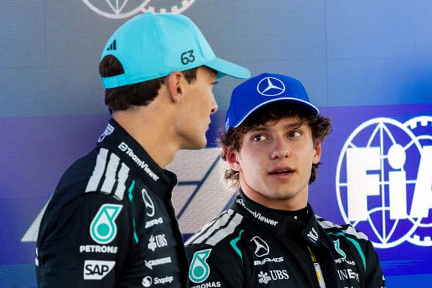 Kimi Antonelli Dritter Platz Qualifying F1 Grand Prix Barcelona-Catalunya (Mercedes-AMG Petronas F1 Team, Italien, 12) und George Russell Pole Position Grand Prix von Barcelona-Catalunya (Mercedes-AMG Petronas F1 Team, Großbritannien, 63), ESP, Formel 1 Weltmeisterschaft, Grand Prix von Barcelona-Catalunya, Circuit de Barcelona-Catalunya, Qualifying Day, Saison 2026, 13.06.2026 ESP, Formel 1 Weltmeisterschaft, Grand Prix von Barcelona-Catalunya, Circuit de Barcelona-Catalunya, Qualifying Day, Saison 2026, 13.06.2026 Barcelona