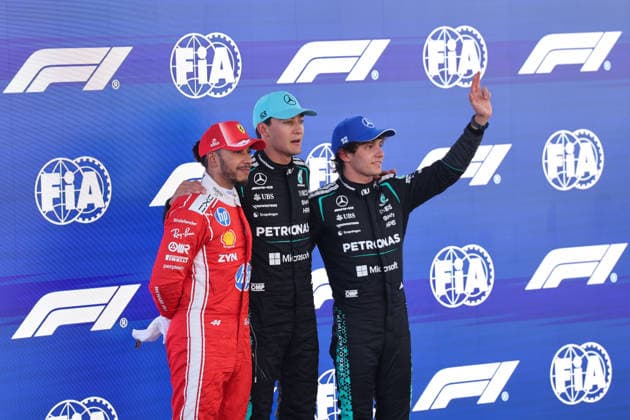 F1 Barcelona-Catalunya Grand Prix 2026 Qualifying Lewis Hamilton of Ferrari, George Russell and Andrea Kimi Antonelli of Mercedes after the qualifying ahead of the Formula 1 Barcelona-Catalunya Grand Prix at Circuit de Barcelona-Catalunya in Barcelona on June 13, 2026. Barcelona Spain  Copyright: xJakubxPorzyckix originalFilename:porzycki-f1barcel260613_npFP1.jpg