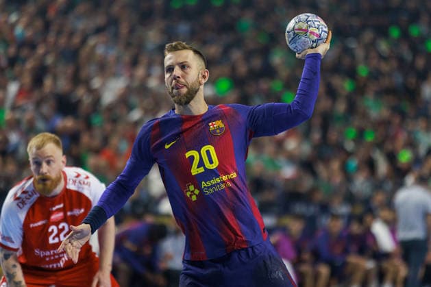 Aleix GOMEZ FC Barcelona, Barca Barca, 20) schießt schiesst einen Siebenmeter, erzielt ein Tor, Aktion, Torwurf GER, Aalborg Handbold vs. FC Barcelona, Handball, TruckScout24 EHF FINAL4 2026, Halbfinale, Spielzeit 2025 2026, 13.06.2026, GER, Aalborg Handbold vs. FC Barcelona, Handball, TruckScout24 EHF FINAL4 2026, Halbfinale, Spielzeit 2025 2026, 13.06.2026, Koeln