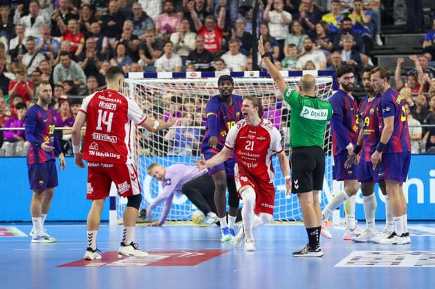 13.06.2026 ,xgox, Handball - EHF Champions League Halbfinale Aalborg Handbold - FC Barcelona, Barca emspor, v.l. Juri Knorr (Aalborg, 21) Jubel, Torjubel, jubelt ueber das Tor, celebrate the goal, celebration Köln