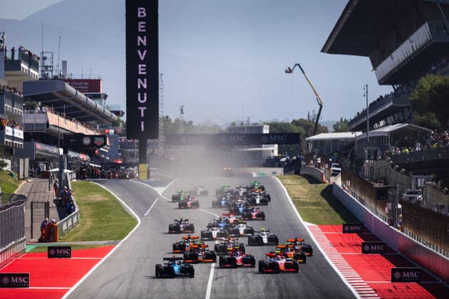 AUTO - FORMULA 3 2026 - BARCELONA start of the race 31 XIE Gerrard (chn), DAMS Lucas Oil, Dallara F3 2025, action 05 SLATER Freddie (gbr), Trident, Dallara F3 2025, action 21 WHARTON James (aus), Prema Racing, Dallara F3 2025, action 08 TAPONEN Tuukka (fin), MP Motorsport, Dallara F3 2025, action 15 DELIGNY Enzo (fra), Van Amersfoort Racing, Dallara F3 2025, action during the 3rd round of the 2026 FIA Formula 3 Championship from June 12 to 14, 2026 on the Circuit de Barcelona-Catalunya, in Montmelo, Spain - MontmeloSpain  Copyright: xXavixBonillax