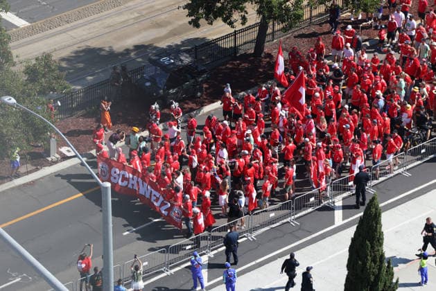 SANTA CLARA, CA - JUNE 13: Fans from Switzerland walk towards the stadium before the FIFA World Cup, WM, Weltmeisterschaft, Fussball 2026 Group B match between Qatar and Switzerland on June 13, 2026 at San Francisco Bay Area Stadium in Santa Clara, CA. (Photo by Matthew Huang Icon Sportswire) SOCCER: JUN 13 FIFA World Cup 26 Group B - Qatar vs Switzerland EDITORIAL USE ONLY Icon260613005
