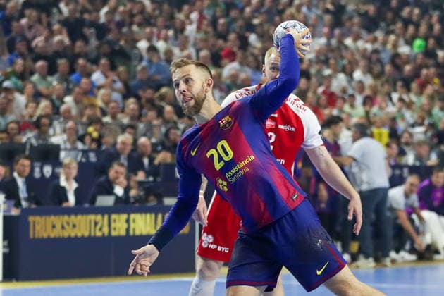 Cologne 13.06.2026. Pilka reczna EHF Liga Mistrzow sezon 2025 26 final4 mecz: Aalborg Handbold - Barca --- Handball EHF Champions League season 2025 26 final4 match: Aalborg Handbold - Barca nz Gomez Aleix Fot. Kacper Staniec NEWSPIX.PL --- newspix.pl 
