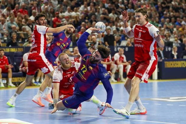 Cologne 13.06.2026. Pilka reczna EHF Liga Mistrzow sezon 2025 26 final4 mecz: Aalborg Handbold - Barca --- Handball EHF Champions League season 2025 26 final4 match: Aalborg Handbold - Barca nz Fabregas Ludovic Fot. Kacper Staniec NEWSPIX.PL --- newspix.pl 