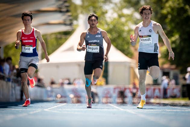 MANNHEIM, GERMANY - JUNE 13, 2026 : Markus Le Fjeld (NOR Norway), Ashik Begum (SUI Switzerland), Myriam Alice Schmidt (GER ASC Darmstadt) competing in the men’s U20 100m during the Juniorengala 2026 at Michael-Hoffmann-Stadion on June 13, 2026 in Mannheim, Germany. Baden-Wuerttemberg Germany Copyright: xAxelxKohringx