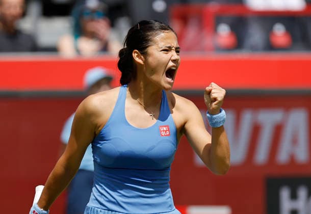 RECORD DATE NOT STATED 13th June 2026; HSBC Championships, Queens Club, West Kensington, London, England; HSBC Championships Tennis, Day Four; Emma Raducanu (GBR) shows emotion in match against Kamilla Rakhimova (UZB) HongboxChen