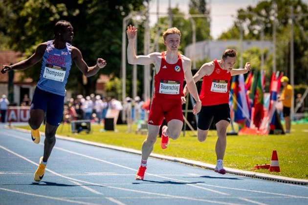 MANNHEIM, GERMANY - JUNE 13, 2026 : Tyler Thompson (GBR Great Britain & N.I.), Jakob Bauerschlag (GER Kieler TB), Ben Troester (GER TSV Bayer 04 Leverkusen) competing in the men’s U20 100m during the Juniorengala 2026 at Michael-Hoffmann-Stadion on June 13, 2026 in Mannheim, Germany. Baden-Wuerttemberg Germany Copyright: xAxelxKohringx