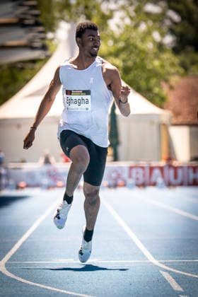 MANNHEIM, GERMANY - JUNE 13, 2026 : Akira Eghagha (SUI Switzerland) competing in the men’s U20 100m during the Juniorengala 2026 at Michael-Hoffmann-Stadion on June 13, 2026 in Mannheim, Germany. Baden-Wuerttemberg Germany Copyright: xAxelxKohringx