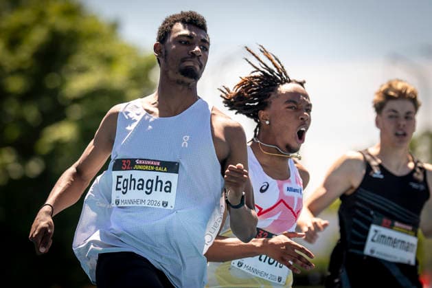 MANNHEIM, GERMANY - JUNE 13, 2026 : Akira Eghagha (SUI Switzerland), Bright Otiora (BEL Belgium) competing in the men’s U20 100m during the Juniorengala 2026 at Michael-Hoffmann-Stadion on June 13, 2026 in Mannheim, Germany. Baden-Wuerttemberg Germany Copyright: xAxelxKohringx