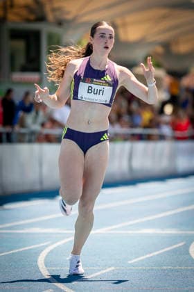 MANNHEIM, GERMANY - JUNE 13, 2026 : Xenia Buri (SUI Switzerland) reacts after crossing the finish line of the women’s U20 100m competing during the Juniorengala 2026 at Michael-Hoffmann-Stadion on June 13, 2026 in Mannheim, Germany. Baden-Wuerttemberg Germany Copyright: xAxelxKohringx