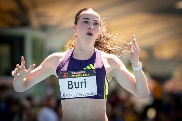 MANNHEIM, GERMANY - JUNE 13, 2026 : Xenia Buri (SUI Switzerland) reacts after crossing the finish line of the women’s U20 100m competing during the Juniorengala 2026 at Michael-Hoffmann-Stadion on June 13, 2026 in Mannheim, Germany. Baden-Wuerttemberg Germany Copyright: xAxelxKohringx
