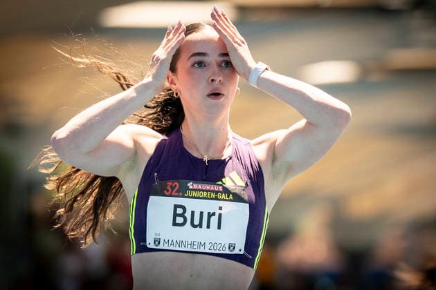 MANNHEIM, GERMANY - JUNE 13, 2026 : Xenia Buri (SUI Switzerland) reacts after crossing the finish line of the women’s U20 100m competing during the Juniorengala 2026 at Michael-Hoffmann-Stadion on June 13, 2026 in Mannheim, Germany. Baden-Wuerttemberg Germany Copyright: xAxelxKohringx