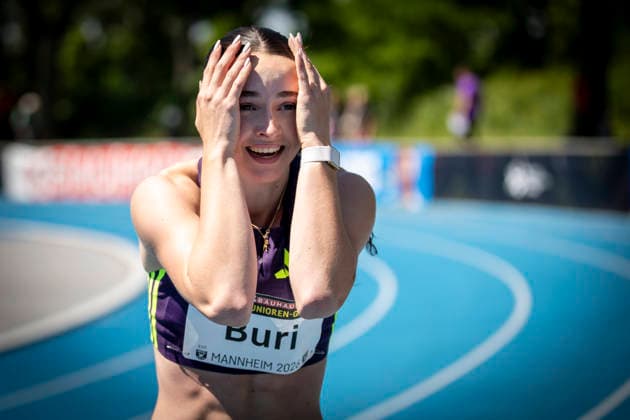 MANNHEIM, GERMANY - JUNE 13, 2026 : Xenia Buri (SUI Switzerland) reacts after crossing the finish line of the women’s U20 100m competing during the Juniorengala 2026 at Michael-Hoffmann-Stadion on June 13, 2026 in Mannheim, Germany. Baden-Wuerttemberg Germany Copyright: xAxelxKohringx