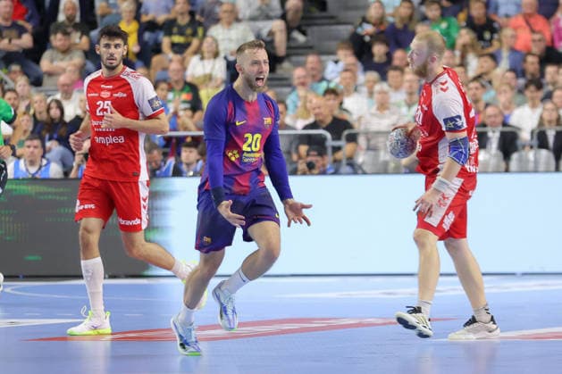 13.06.2025, xtgx, Handball, EHF Champions League Halbfinale, Aalborg Handbold - FC Barcelona, Barca v.l. Aleix Gomez (Barcelona, 20) Jubel, Torjubel, jubelt ueber das Tor, celebrate the goal, celebration Koeln