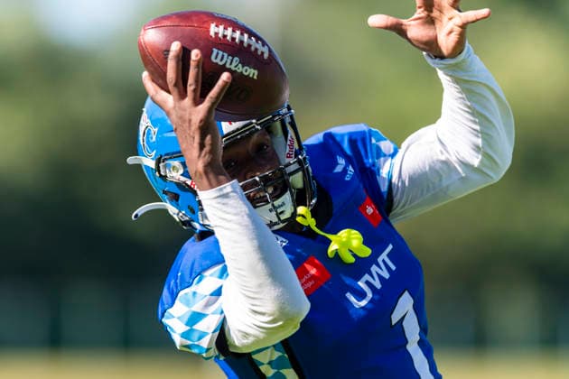 Catch von Chris Lipsey (Allgaeu Comets, RB DB, 1) GER, Allgaeu Comets vs Straubing Spiders, American Football, GFL, Saison 2026, Week 06, 13.06.2026 GER, Allgaeu Comets vs Straubing Spiders, American Football, GFL, Saison 2026, Week 06, 13.06.2026 Kempten