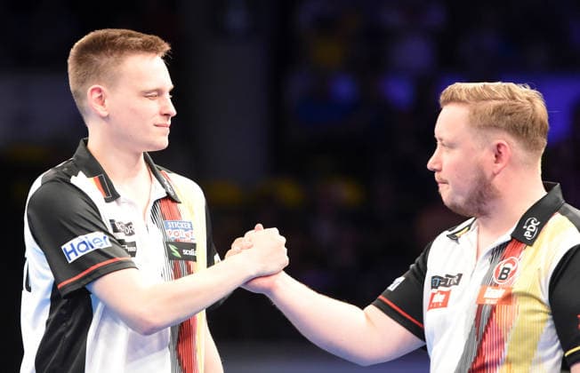 13.06.2026, xhbx, Dart World Cup of Darts 2026, v.l. Ricardo Pietreczko (Deutschland), Martin Schindler (Deutschland) (DFL DFB REGULATIONS PROHIBIT ANY USE OF PHOTOGRAPHS as IMAGE SEQUENCES and or QUASI-VIDEO) Frankfurt