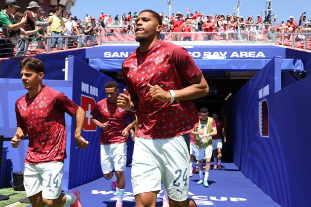FIFA World Cup, WM, Weltmeisterschaft, Fussball 2026 - Group B - Qatar vs Switzerland Aurele Amenda of Switzerland (R) and Ardon Jashari of Switzerland arrive prior to the FIFA World Cup 2026 group stage match Qatar against Switzerland, in San Francisco, USA, 13 June 2026. SAN FRANCISCO United States  Copyright: xBENJAMINxFANJOYx
