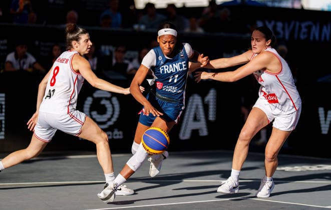 BASKETBALL - FIBA 3x3 World Tour VIENNA,AUSTRIA,13.JUN.26 - BASKETBALL - FIBA 3x3 World Tour. Image shows Anja Fuchs-Robetin (AUT), Myriam Djekoundade (FRA) and Alexia Allesch (AUT).  GEPAxpictures xEdgarxEisner