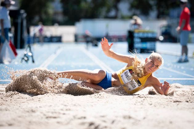 MANNHEIM, GERMANY - JUNE 13, 2026 : Malm Ella Alvelin (SWE Sweden) competing in the women’s triple jump during the Juniorengala 2026 at Michael-Hoffmann-Stadion on June 13, 2026 in Mannheim, Germany. Baden-Wuerttemberg Germany Copyright: xAxelxKohringx