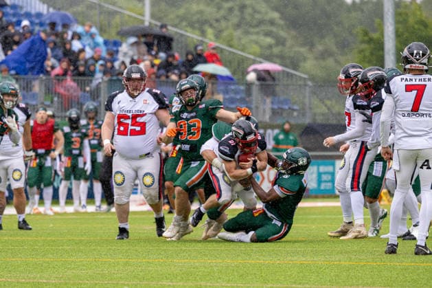 13.06.2026 American Football German Football League 2026 Kiel Baltic Hurricanes - Düsseldorf Panther (Kiel in Grün, Düsseldorf in Weiß) Bildmitte V.l.n.r.: Yannic Kiesewetter, Tieu Long Otte (verdeckt), GenÂ­naÂ­diy Adams, Robert Revels III Kiel Kilia-Stadion, Hasseldieksdammer Schleswig Holstein Deutschland