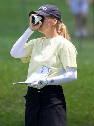 MIDLAND, MI - JUNE 13: Celine Borge uses a range finder during round three of the LPGA, Golf Damen Dow Championship on June 13, 2026, at Midland Country Club in Midland, Michigan. (Photo by Joseph Weiser Icon Sportswire) GOLF: JUN 13 LPGA Dow Championship EDITORIAL USE ONLY Icon2606130343