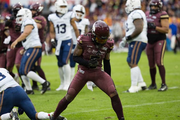 5 Nazir Streater (Defensive Back) Rhein Fire celebration after the tackle Rhein Fire vs Paris Lights, American Football, American Football League Europe, WEEK 4, 2026, 13.06.2026, Duisburg Schauinsland-Reisen-Arena Germany Copyright: xFootxBowl ChristopherxMettkenx