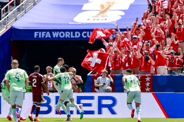 FIFA World Cup, WM, Weltmeisterschaft, Fussball 2026 - Group B - Qatar vs Switzerland Switzerland s soccer players celebrate the 0:1 penalty goal scored by Switzerland s Breel Embolo during the FIFA World Cup 2026 group stage match Qatar against Switzerland, in San Francisco, USA, 13 June 2026. San Francisco United States  Copyright: xPETERxKLAUNZERx
