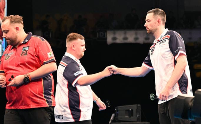 13.06.2026, xhbx, Dart World Cup of Darts 2026, v.l. Luke Littler (England), Luke Humphries (England) (DFL DFB REGULATIONS PROHIBIT ANY USE OF PHOTOGRAPHS as IMAGE SEQUENCES and or QUASI-VIDEO) Frankfurt