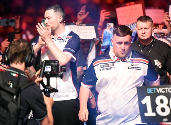 13.06.2026, xhbx, Dart World Cup of Darts 2026, v.l. Luke Humphries (England), Luke Littler (England) (DFL DFB REGULATIONS PROHIBIT ANY USE OF PHOTOGRAPHS as IMAGE SEQUENCES and or QUASI-VIDEO) Frankfurt
