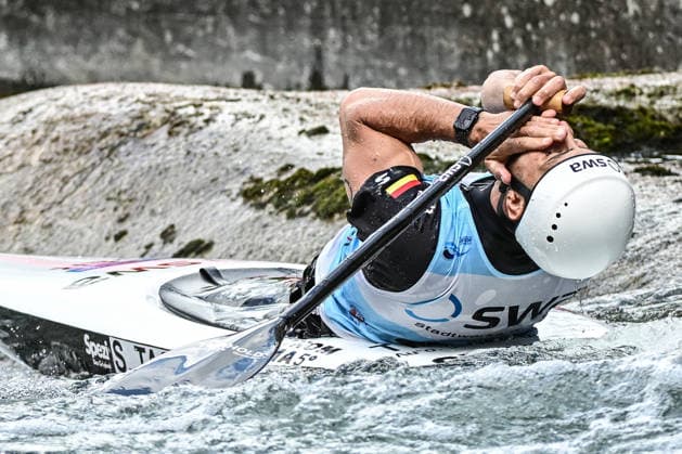 ICF Canoe Slalom World Cup - 13.06.2026, Eis Kanal, Augsburg Sideris Tasiadis (GER) verzweifelt im Ziel, Men s Canoe Final,, Augsburg, 13.06.2026 - Canoe World Cup, Slalom K1, Augsburg, Eis Kanal