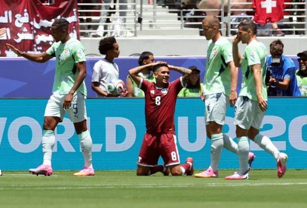 FIFA World Cup, WM, Weltmeisterschaft, Fussball 2026 - Group B - Qatar vs Switzerland Edmilson Junior of Qatar (C) reacts during the FIFA World Cup 2026 group stage match Qatar against Switzerland, in San Francisco, USA, 13 June 2026. SAN FRANCISCO United States  Copyright: xBENJAMINxFANJOYx