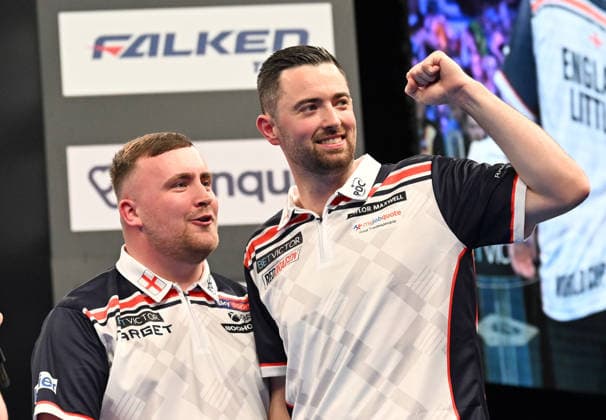 13.06.2026, xhbx, Dart World Cup of Darts 2026, v.l. Martin Schindler (Deutschland), Luke Humphries (England) (DFL DFB REGULATIONS PROHIBIT ANY USE OF PHOTOGRAPHS as IMAGE SEQUENCES and or QUASI-VIDEO) Frankfurt