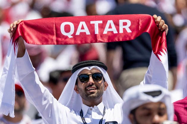 SANTA CLARA, CA - JUNE 13: A Qatar fan before the FIFA World Cup, WM, Weltmeisterschaft, Fussball 2026 Group B match between Qatar and Switzerland on June 13, 2026 at the San Francisco Bay Area Stadium in Santa Clara, CA. (Photo by Bob Kupbens Icon Sportswire) SOCCER: JUN 13 FIFA World Cup 26 Group B - Qatar vs Switzerland EDITORIAL USE ONLY Icon260613006