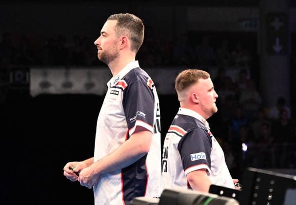 13.06.2026, xhbx, Dart World Cup of Darts 2026, v.l. Luke Humphries (England), Luke Littler (England) (DFL DFB REGULATIONS PROHIBIT ANY USE OF PHOTOGRAPHS as IMAGE SEQUENCES and or QUASI-VIDEO) Frankfurt