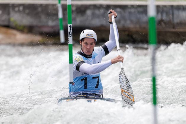 Kaylen Bassett (AUS) bei ICF CANOE SLALOM WORLD CUP, Kanusport, Männer, Canadier, 2026, am 13.06.2026 in Augsburg, Eiskanal. Bayern Deutschland